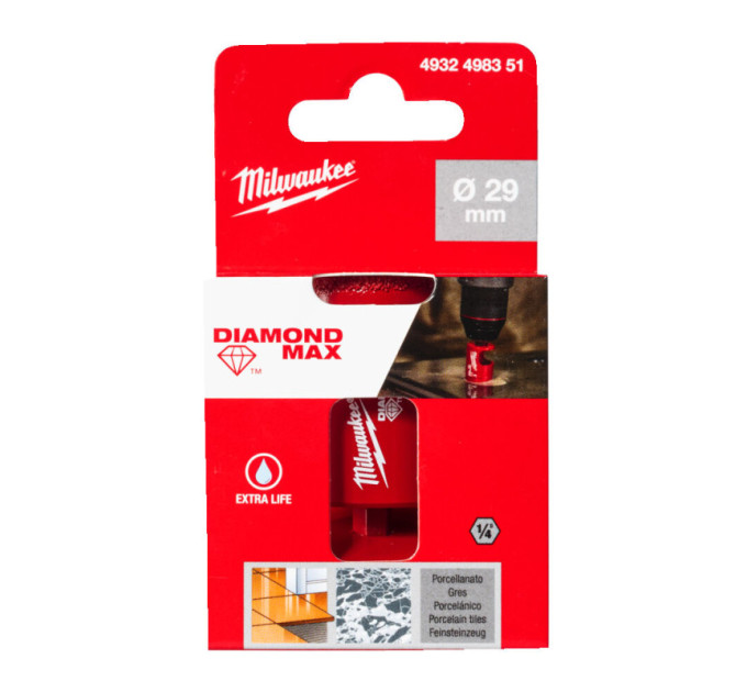 Коронка алмазная Diamond Plus/Max MILWAUKEE, Ø29,0мм (1/4'' Hex) (сверление с водой)