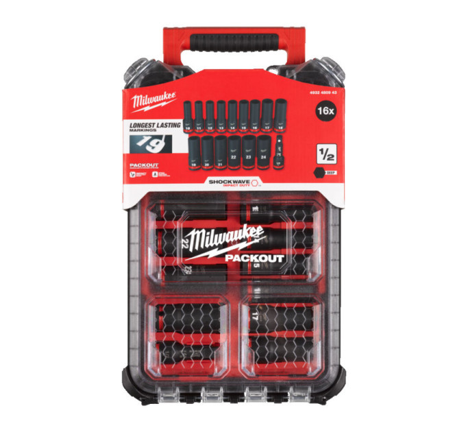 Набір ударних головок ShW 1/2" STD PACKOUT™ MILWAUKEE, подовжених, (10-24мм) (16шт)