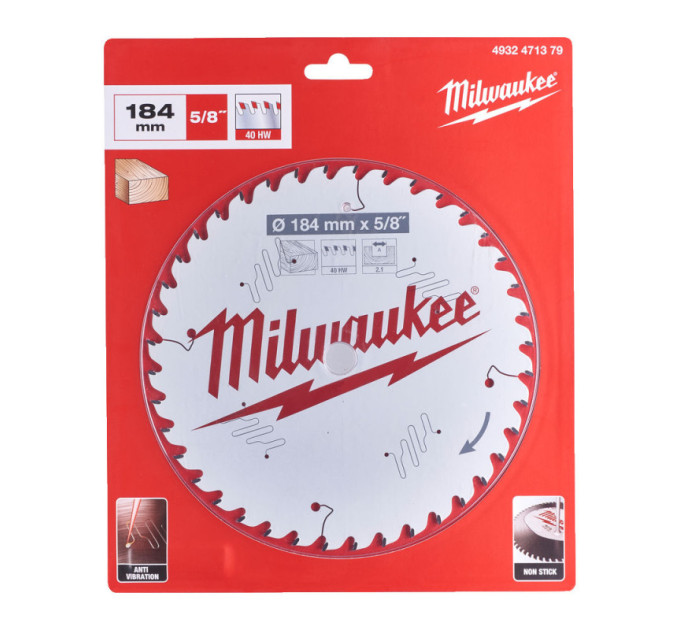 Диск пильный по дереву PFTE THIN KERF MILWAUKEE, Ø184х5/8''х2,1мм, 40 зуб.