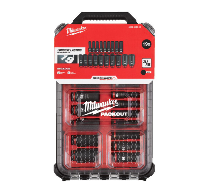 Набор головок ударных ShW 3/8" STD PACKOUT™ MILWAUKEE, удлиненных, (19шт)