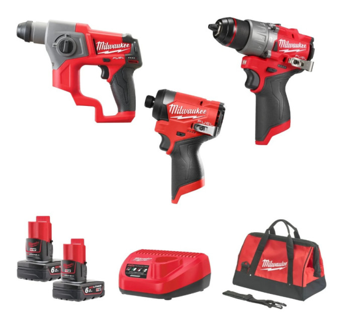 Набор инструментов аккумуляторных MILWAUKEE, M12FPP3D-601B (ЗУ, 2х6ач, M12 FPD2, FID2, CH, сумка)