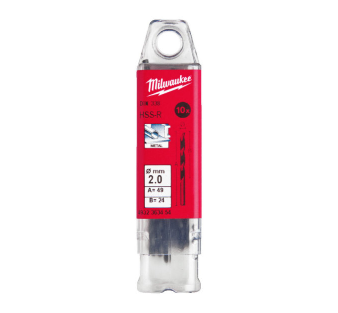 Свердло по металу HSS-R MILWAUKEE, DIN338, Ø2,0х49х24мм, (10шт)
