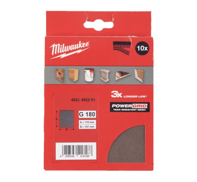 Сетка шлифовальная PG Mesh HL MILWAUKEE, 115х107мм, зерно 180, (10шт)