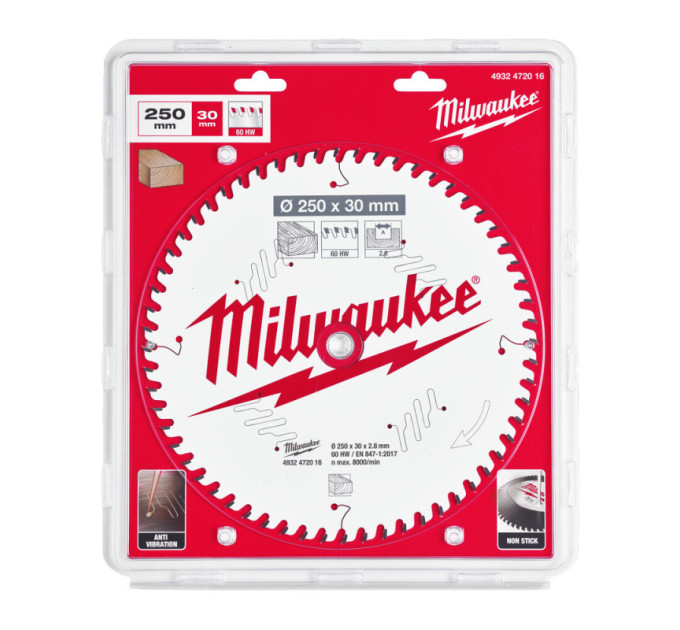Диск пильный по дереву для торцевых пил PFTE MILWAUKEE, Ø250х30х2,8мм, 60 зуб.