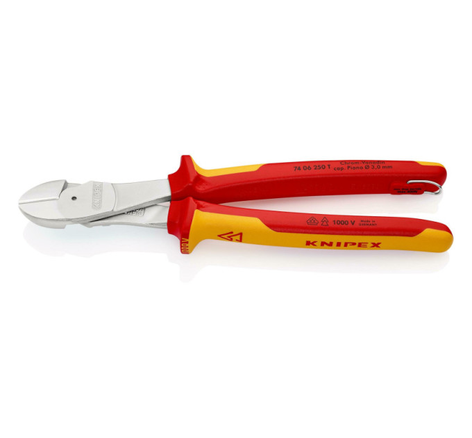Кусачки боковые (бокорезы) особой мощности, Ø4,6мм, 250мм VDE KNIPEX 74 06 250 T BK, с страховкой
