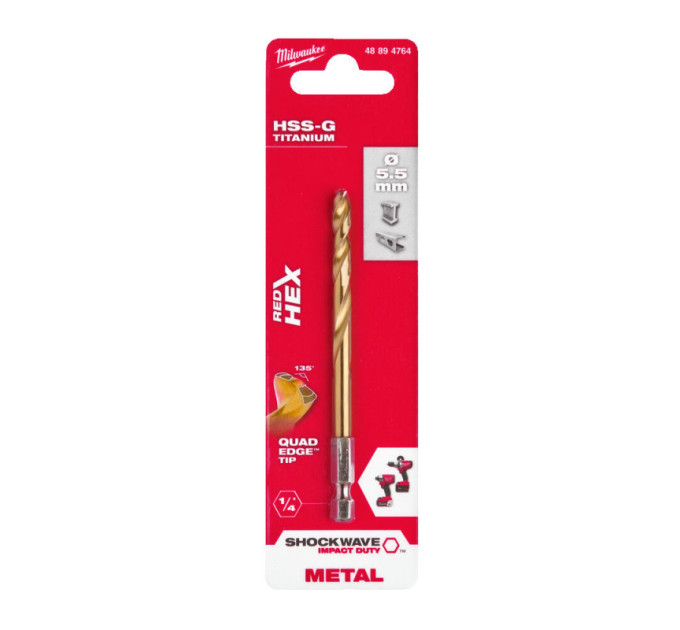 Свердло по металу RedHEX SHOCKWAVE™ HSS-TiN MILWAUKEE, Ø5,5х104х60мм