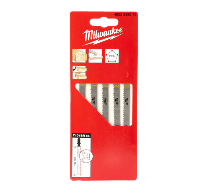 Полотна для лобзика T101BR MILWAUKEE, 105х2,5мм, (5шт), (обратный рез)