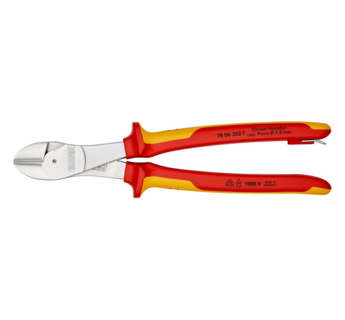 Кусачки боковые (бокорезы) особой мощности, Ø4,6мм, 250мм VDE KNIPEX 74 06 250 T BK, с страховкой