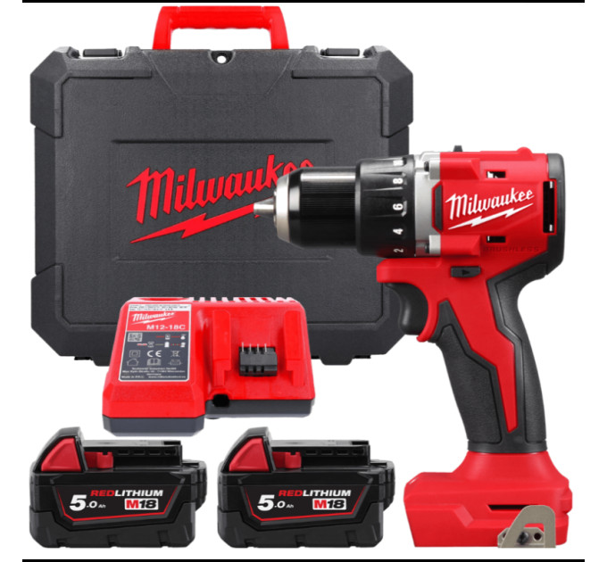 Дриль-шуруповерт акумуляторна безщіткова MILWAUKEE M18 BLDDRC-502С (60Нм) (ЗУ+2акк.Х5Ач+кейс)