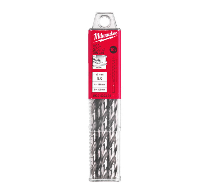 Свердло по металу HSS-G MILWAUKEE, DIN340, Ø8,0х165х109мм, подовжене, (10шт)