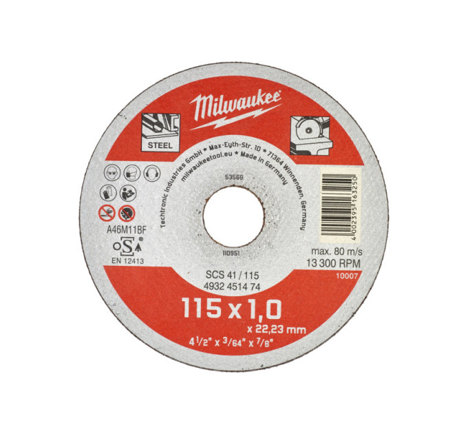 Диск отрезной по металлу MILWAUKEE, SCS 41/115х1, Ø115мм