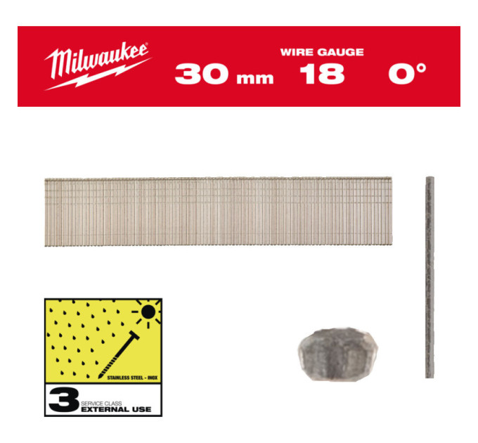 Гвозди из нержавейки с Т-образной головкой MILWAUKEE, 18G/0°/30мм, (5000шт)