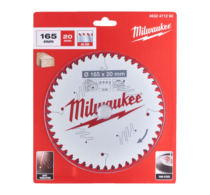 Диск пильний по дереву PFTE MILWAUKEE, Ø165х20х2, 2мм, 48 зуб.