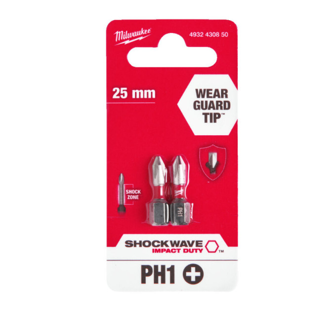 Бита SHOCKWAVE MILWAUKEE, PH1, 25мм, (2шт)