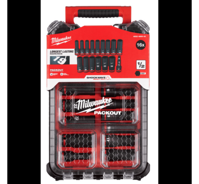 Набір ударних головок ShW 1/2" STD PACKOUT™ MILWAUKEE, подовжених, (10-24мм) (16шт)