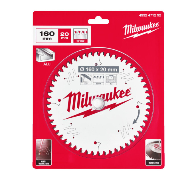 Диск пильний по алюмінію PFTE MILWAUKEE, Ø160х20х2, 2мм, 52 зуб.