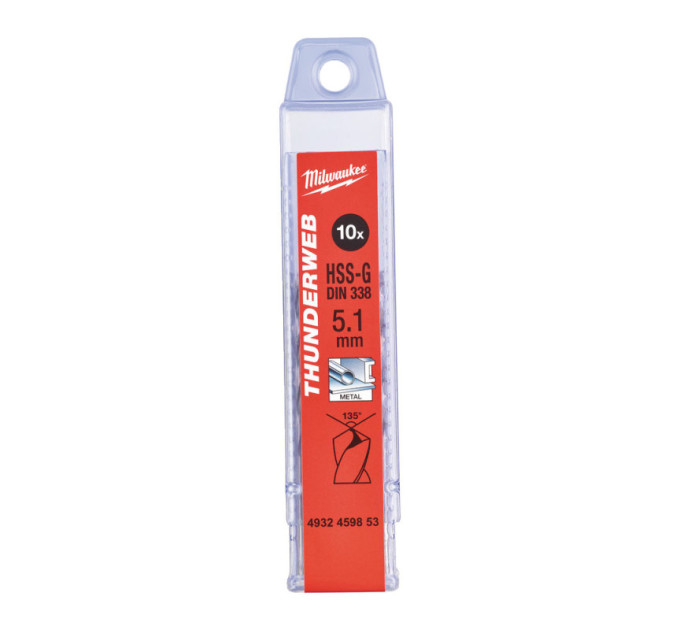 Свердло по металу THUNDERWEB HSS-G MILWAUKEE, DIN338, Ø5,1 х86х52мм, (10шт)