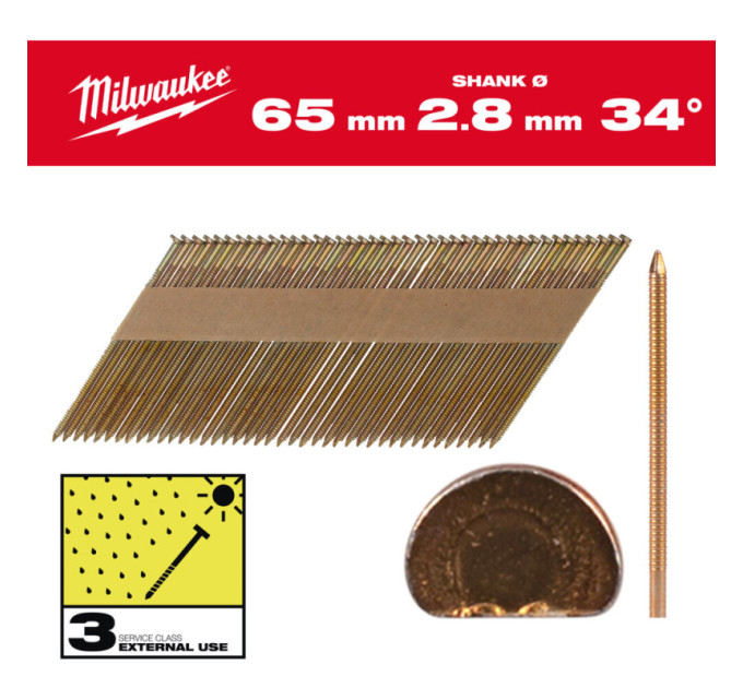 Гвозди гарячеоцинкованные с кольцевой накаткой и D-образной головкой MILWAUKEE 2,8/34°/65мм(2200 шт)