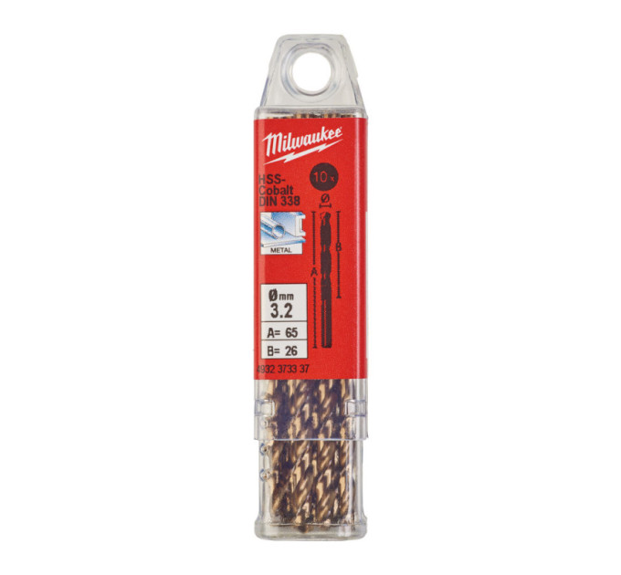 Сверло по металлу HSS-Co MILWAUKEE, DIN338, Ø3,2х65х36мм, (10шт)