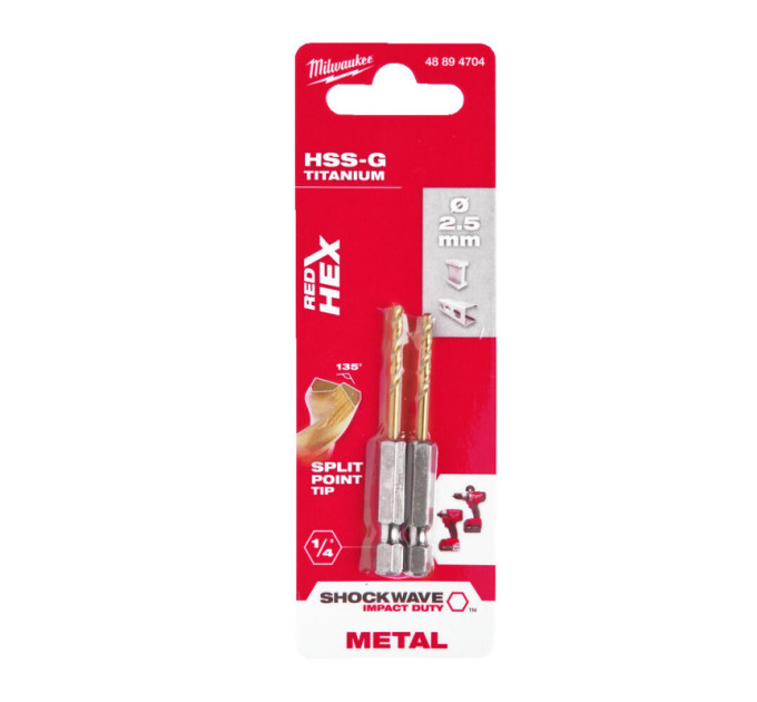 Свердло по металу RedHEX SHOCKWAVE™ HSS-TiN MILWAUKEE, Ø2,5х62х19мм, (2шт)