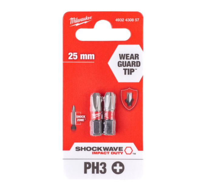 Бита SHOCKWAVE MILWAUKEE, PH3, 25мм, (2шт)