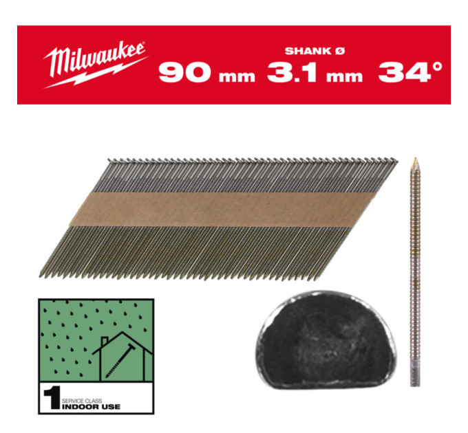 Гвозди с кольцевой накаткой и D-образной головкой MILWAUKEE 3,1/34°/90мм (2200 шт)