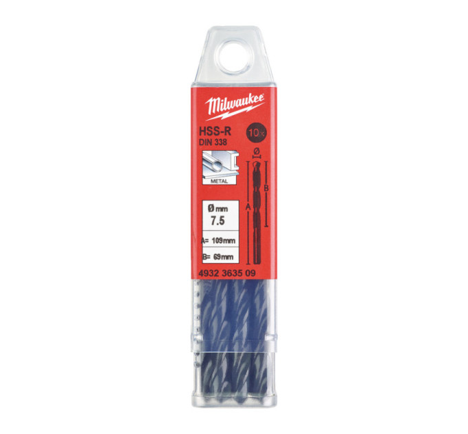 Свердло по металу HSS-R MILWAUKEE, DIN338, Ø7,5х109х69мм, (10шт)