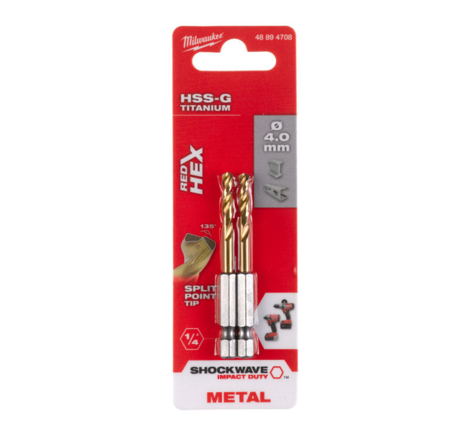 Сверло по металлу RedHEX SHOCKWAVE™ HSS-TiN MILWAUKEE, Ø4,0х71,5х26мм, (2шт)