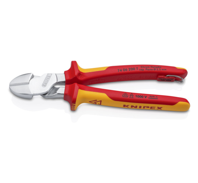 Кусачки боковые (бокорезы) особой мощности, Ø4,2мм, 200мм VDE KNIPEX 74 06 200 T BK, с страховкой