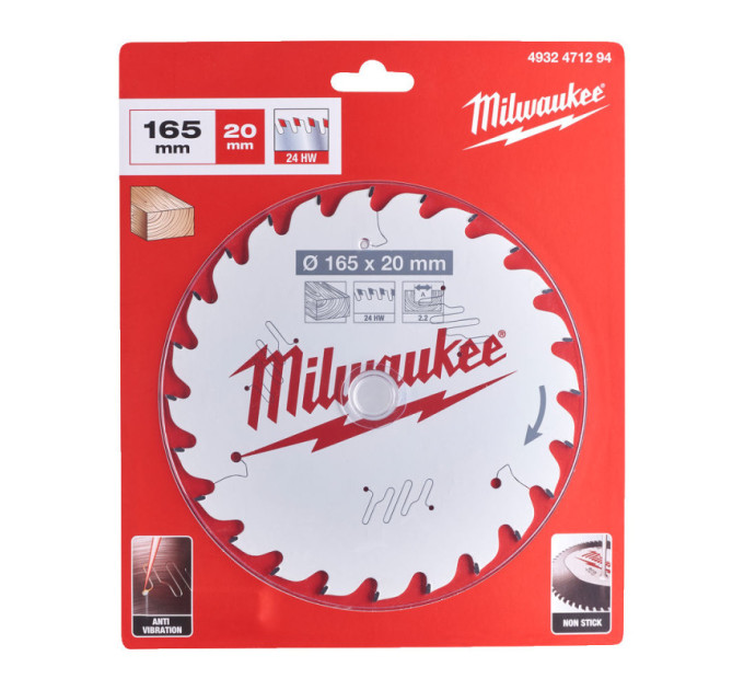 Диск пильный по дереву PFTE MILWAUKEE, Ø165х20х2,2мм, 24 зуб.
