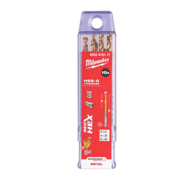 Свердло по металу RedHEX SHOCKWAVE™ HSS-TiN MILWAUKEE, Ø3,5х69х25мм, (10шт)