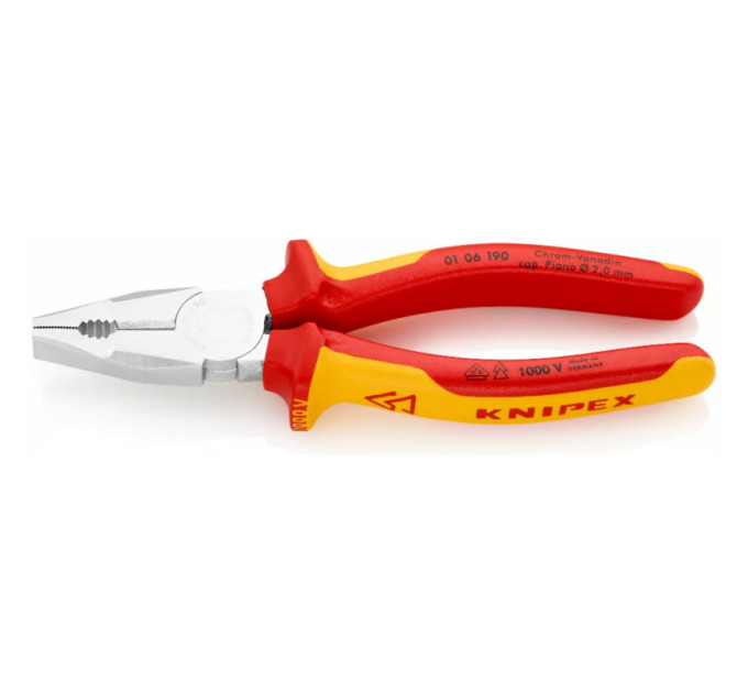 Пассатижи (плоскогубцы) комбинированные Ø13,0мм, 190мм VDE KNIPEX 01 06 190, хромированные