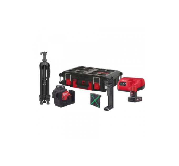 Нивелир лазерный аккумуляторный 3D MILWAUKEE, M12 3PLSKIT-401P (ЗУ+1акк.Х4Ач+оборудование+PACKOUT)