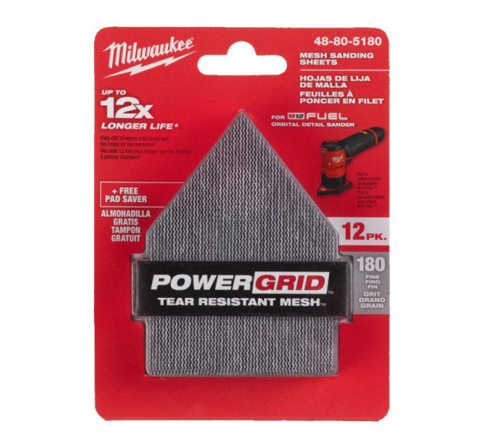 Сетка шлифовальная HL MILWAUKEE, 67х92мм, зерно 180, (12шт+подкладка) (для M12 FDSS)