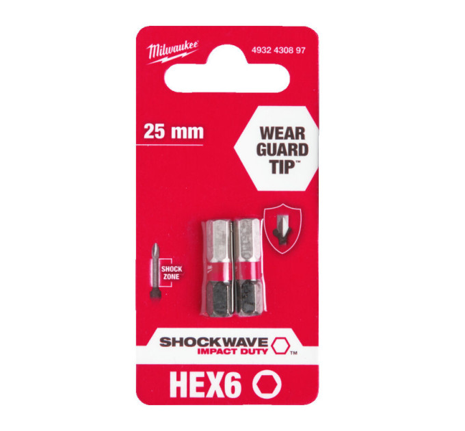 Бита SHOCKWAVE MILWAUKEE, Hex6,0, 25мм, (2шт)