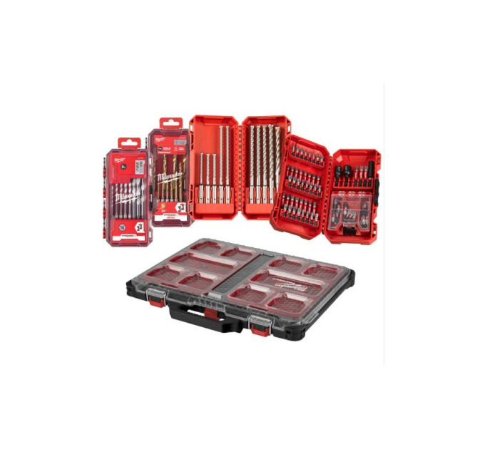 Набор бит ShW, буров SDS-PLUS MX4 и сверел MILWAUKEE в органайзере PACKOUT (98шт)