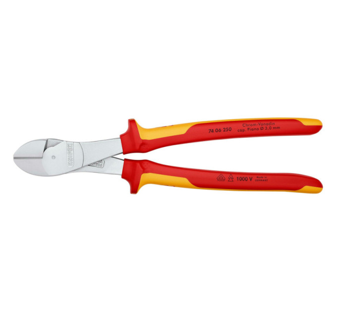 Кусачки боковые (бокорезы) особой мощности, Ø4,6мм, 250мм VDE KNIPEX 74 06 250, хромированные