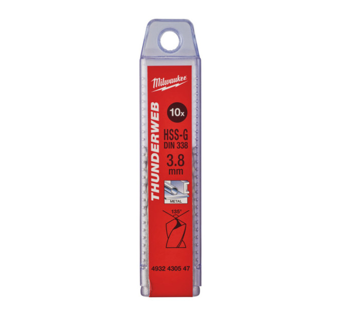Сверло по металлу THUNDERWEB HSS-G MILWAUKEE, DIN338, Ø3,8x75х43мм, (10шт)