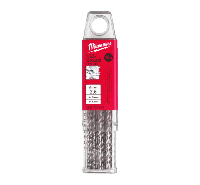 Свердло по металу HSS-G MILWAUKEE, DIN340, Ø2,5x95х62мм, подовжене, (10шт)