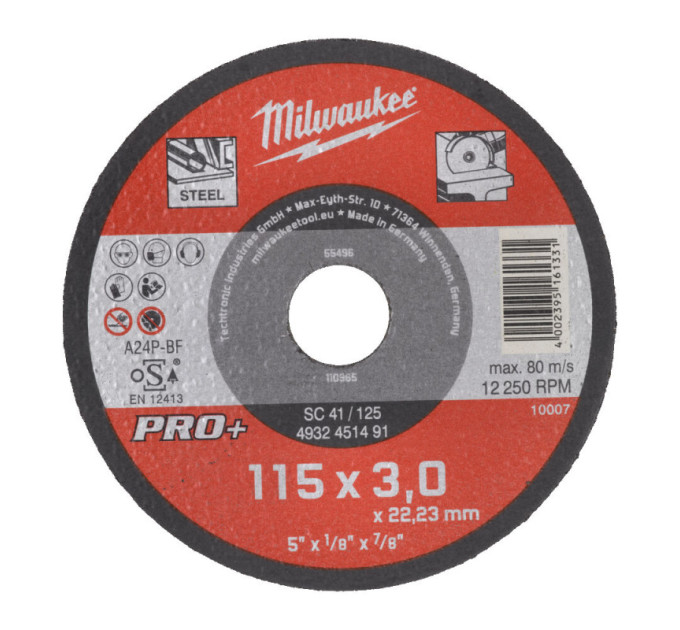 Диск отрезной по металлу MILWAUKEE, SCS 41/115х3 PRO+, Ø115мм