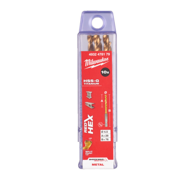 Сверло по металлу RedHEX SHOCKWAVE™ HSS-TiN MILWAUKEE, Ø4,5х76х29мм, (10шт)