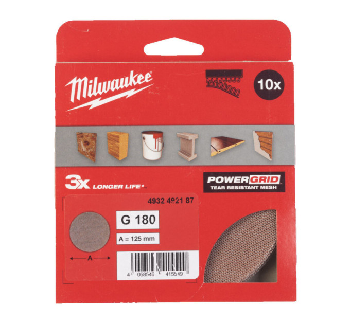 Сетка шлифовальная PG Mesh HL MILWAUKEE, Ø125мм, зерно 180, (10шт)