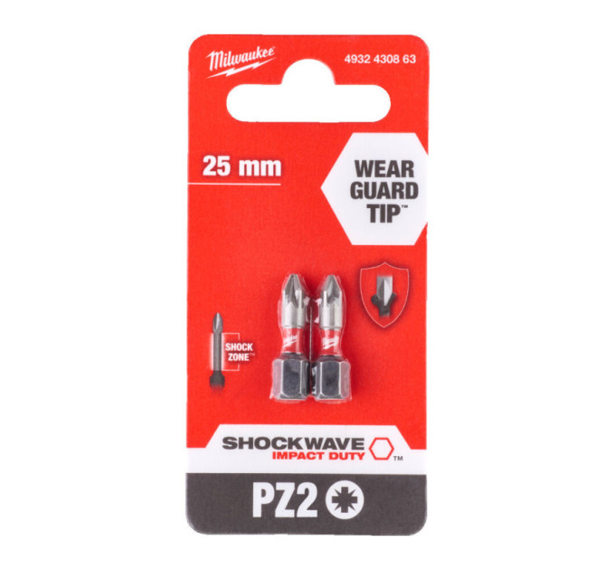 Бита SHOCKWAVE MILWAUKEE, PZ2, 25мм, (2шт)