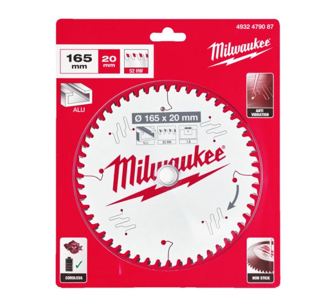 Диск пильный по алюминию PFTE THIN KERF MILWAUKEE, Ø165х20х1,6мм, 52 зуб.