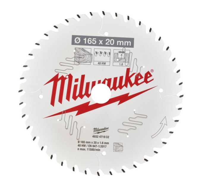 Диск пильный по дереву PFTE THIN KERF MILWAUKEE, Ø165х20х1,6мм, 40 зуб.