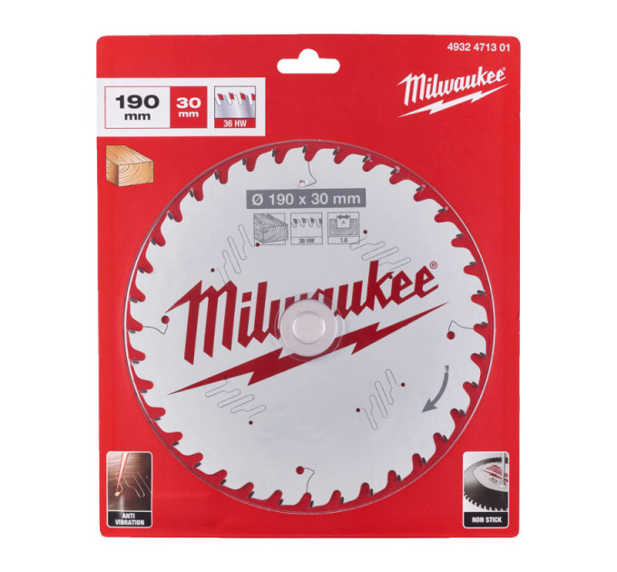 Диск пильный по дереву PFTE THIN KERF MILWAUKEE, Ø190х30х1,6мм, 36 зуб.