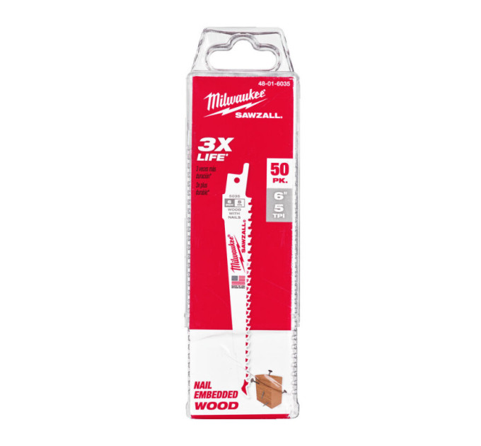 Полотно для шабельних пилок FANG TIP THIN KERF MILWAUKEE, 150х5,0мм, (50шт), (дерево з цвяхами)