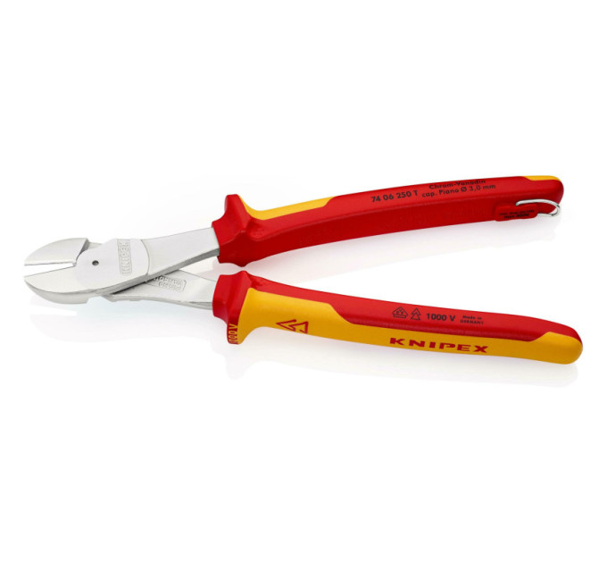 Кусачки боковые (бокорезы) особой мощности, Ø4,6мм, 250мм VDE KNIPEX 74 06 250 T BK, с страховкой