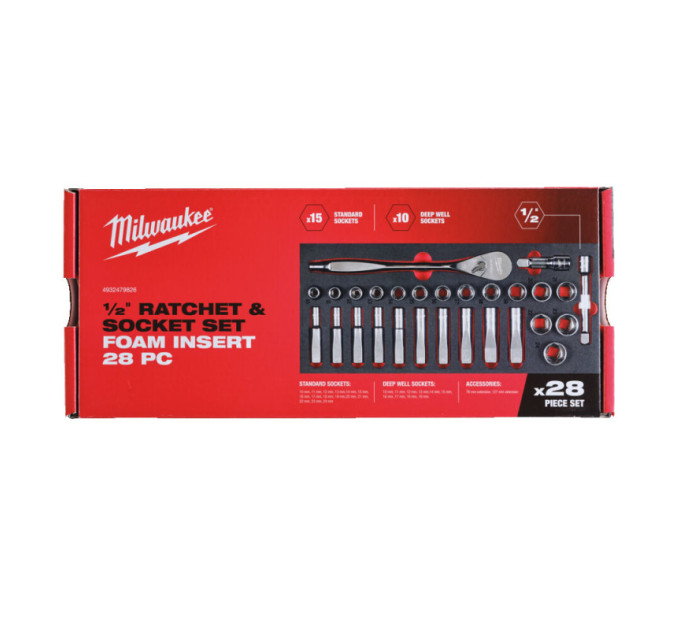 Ложемент з головками хромованими і тріскачкою 1/2˝ (28шт) MILWAUKEE (45х178,5х417мм) для візків