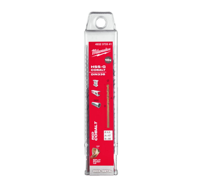 Сверло по металлу HSS-Co MILWAUKEE, DIN338, Ø4,5х80х47мм, (10шт)